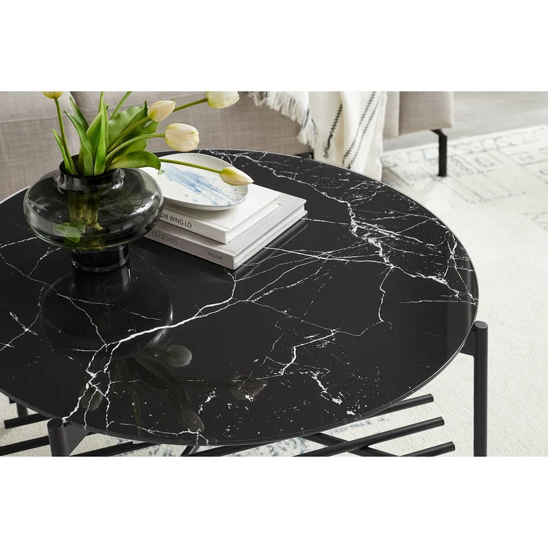 Couchtisch mit Marmorprint und Metallablage – Schwarz, Ø 84 cm
