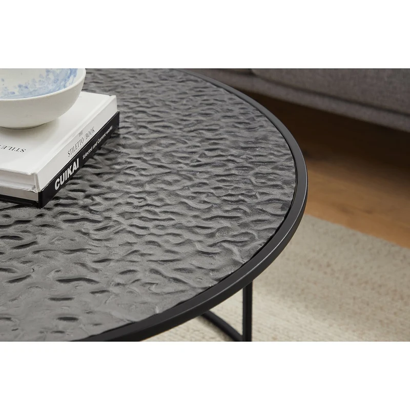 Runder Couchtisch aus strukturiertem Rauchglas – Schwarz, Ø 80 cm