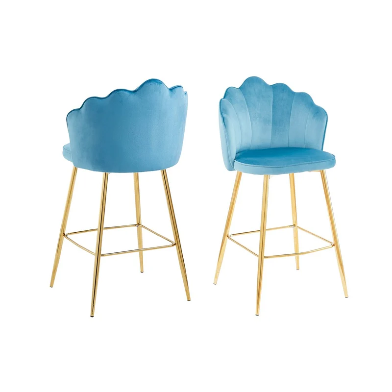 Barhocker im 2er-Set mit Muschelform – Samtoptik, Blau/Gold