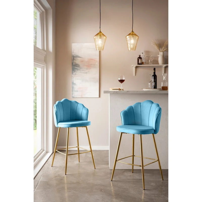 Barhocker im 2er-Set mit Muschelform – Samtoptik, Blau/Gold