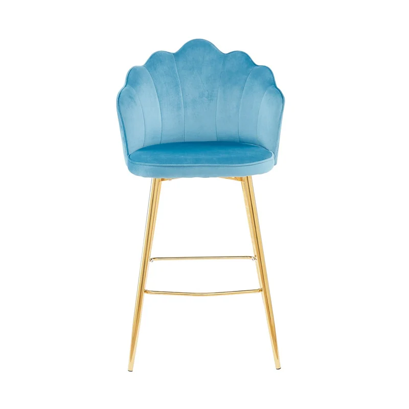 Barhocker im 2er-Set mit Muschelform – Samtoptik, Blau/Gold