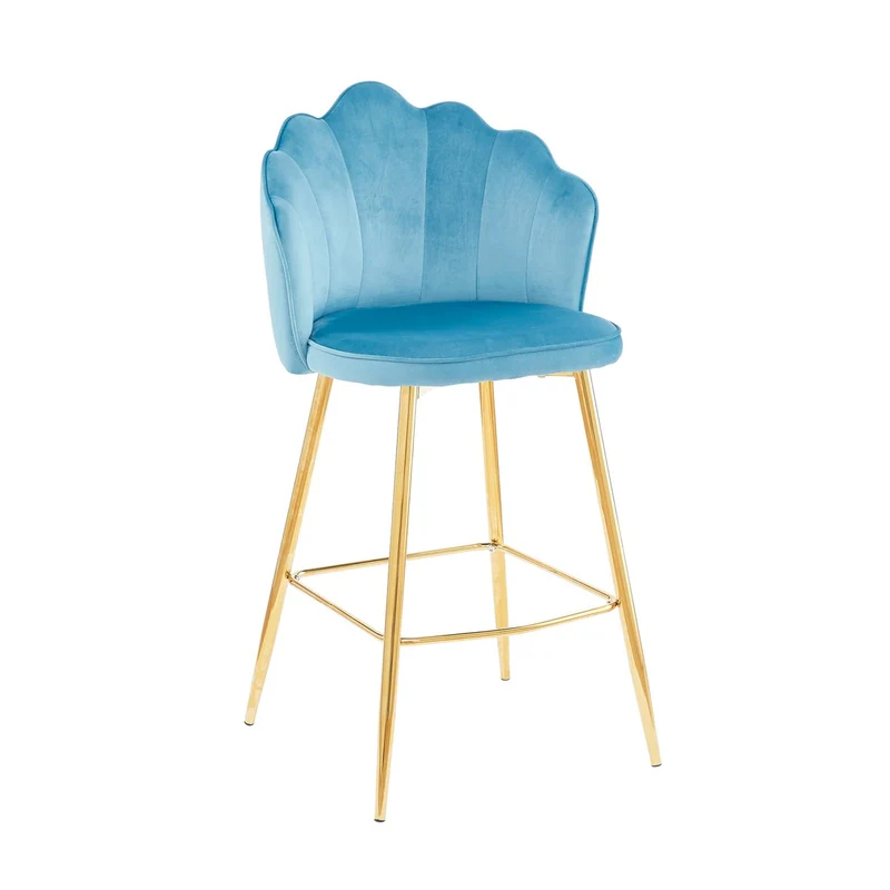 Barhocker im 2er-Set mit Muschelform – Samtoptik, Blau/Gold