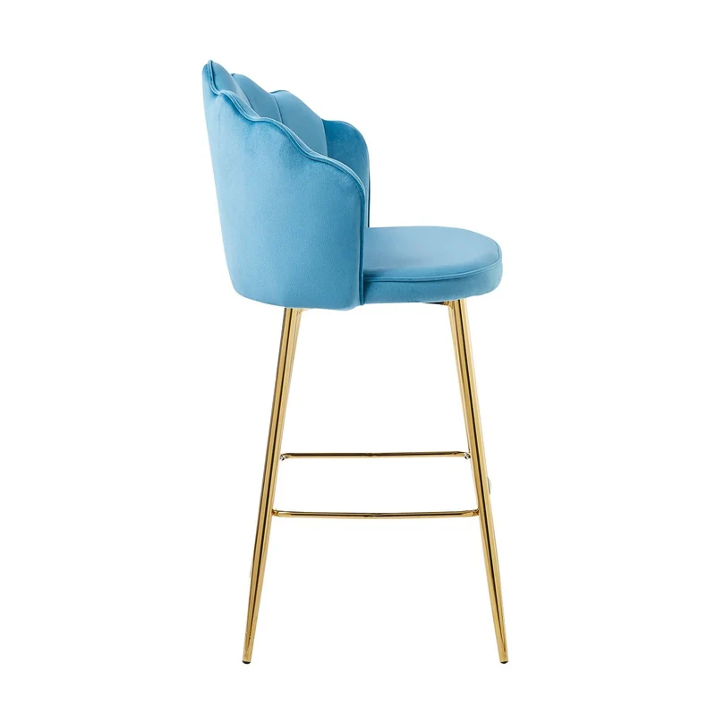 Barhocker im 2er-Set mit Muschelform – Samtoptik, Blau/Gold
