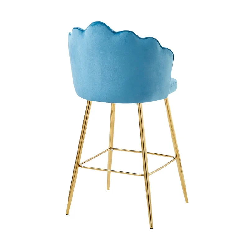 Barhocker im 2er-Set mit Muschelform – Samtoptik, Blau/Gold