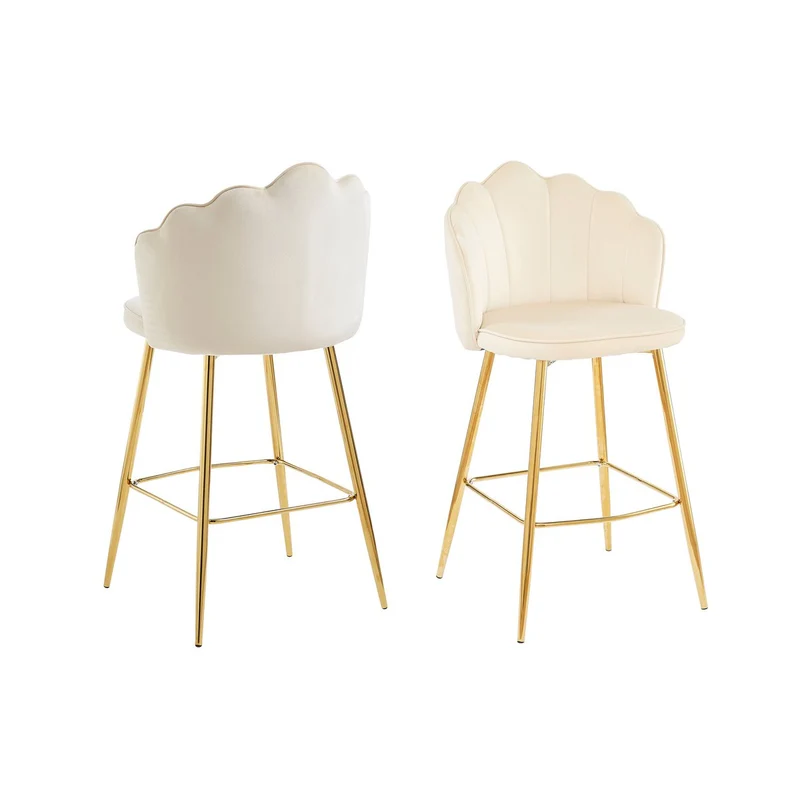 Barhocker im 2er-Set mit Muschelform – Samtoptik, Beige/Gold