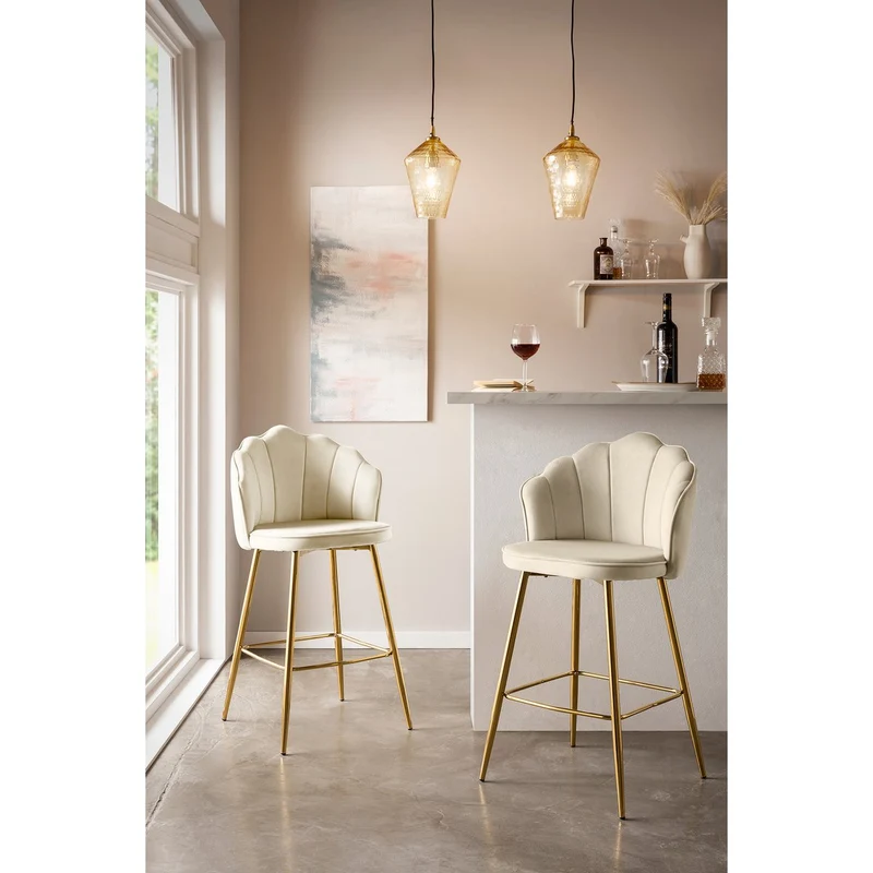Barhocker im 2er-Set mit Muschelform – Samtoptik, Beige/Gold