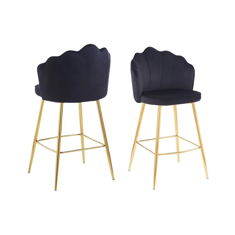 Barhocker im 2er-Set mit Muschelform – Samtoptik, Schwarz/Gold