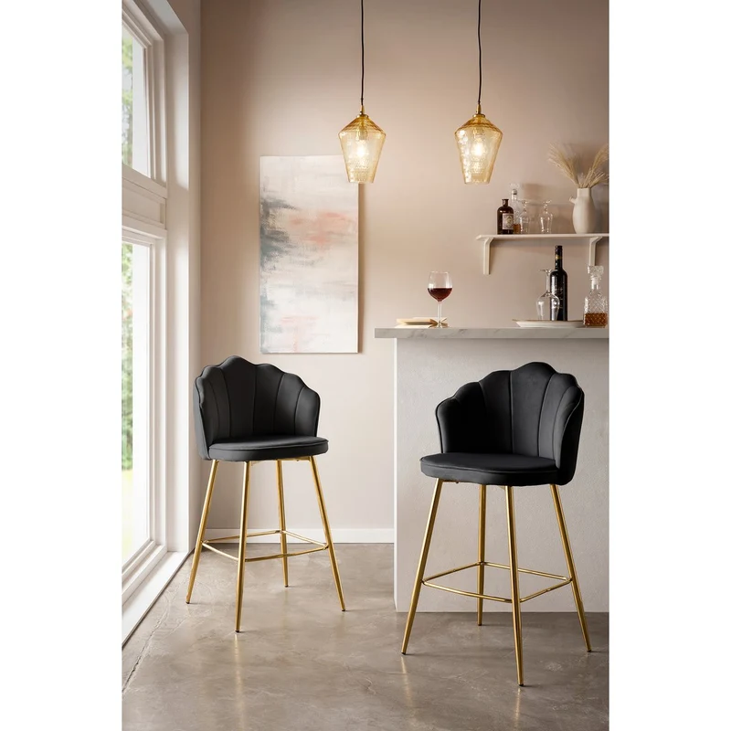 Barhocker im 2er-Set mit Muschelform – Samtoptik, Schwarz/Gold