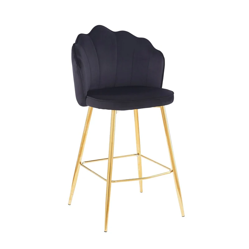 Barhocker im 2er-Set mit Muschelform – Samtoptik, Schwarz/Gold