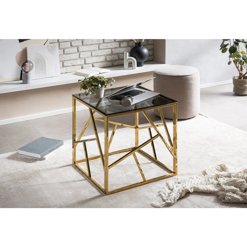 Beistelltisch mit Edelstahlgestell – Gold/Grau, 55 × 55 cm