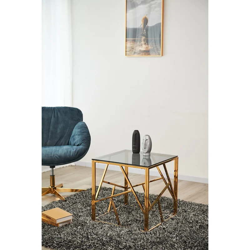 Beistelltisch mit Edelstahlgestell – Gold/Grau, 55 × 55 cm