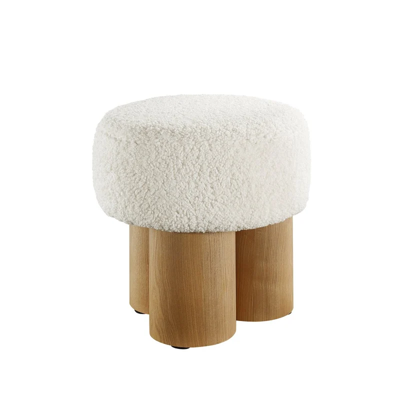 Sitzpouf mit Holzfurnier und Teddybezug – Natur/Weiß, Ø 50 cm
