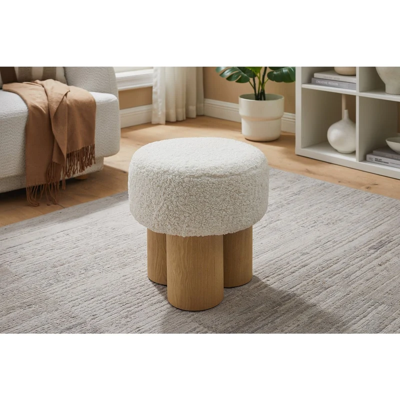 Sitzpouf mit Holzfurnier und Teddybezug – Natur/Weiß, Ø 50 cm