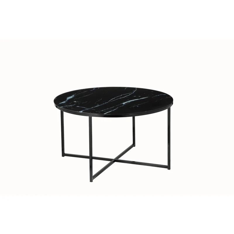 Runder Couchtisch aus Glas – Marmoroptik, Schwarz, Ø 80 cm