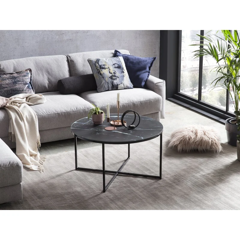 Runder Couchtisch aus Glas – Marmoroptik, Schwarz, Ø 80 cm