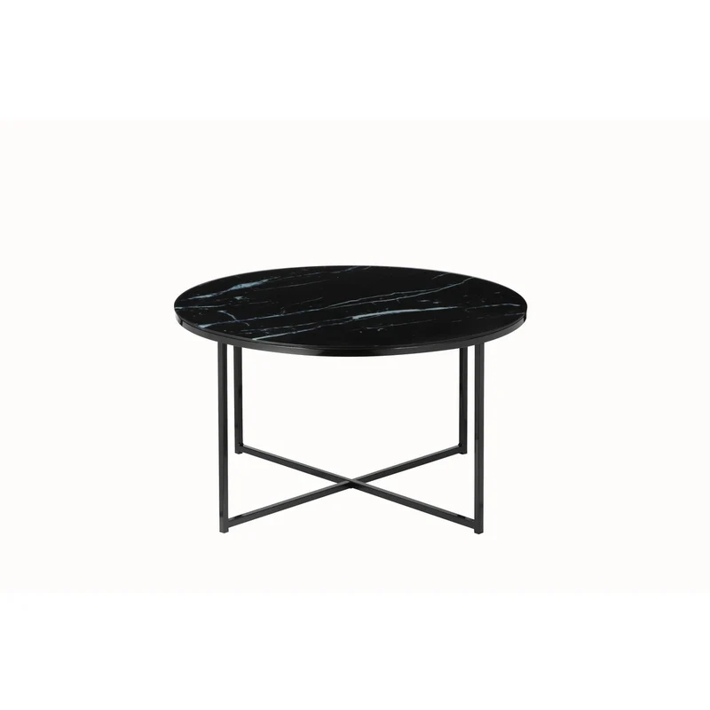 Runder Couchtisch aus Glas – Marmoroptik, Schwarz, Ø 80 cm