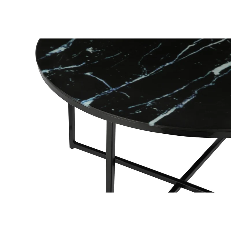 Runder Couchtisch aus Glas – Marmoroptik, Schwarz, Ø 80 cm