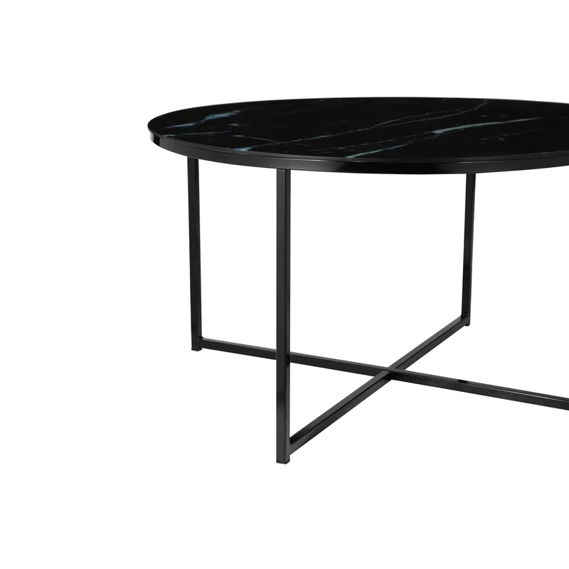 Runder Couchtisch aus Glas – Marmoroptik, Schwarz, Ø 80 cm