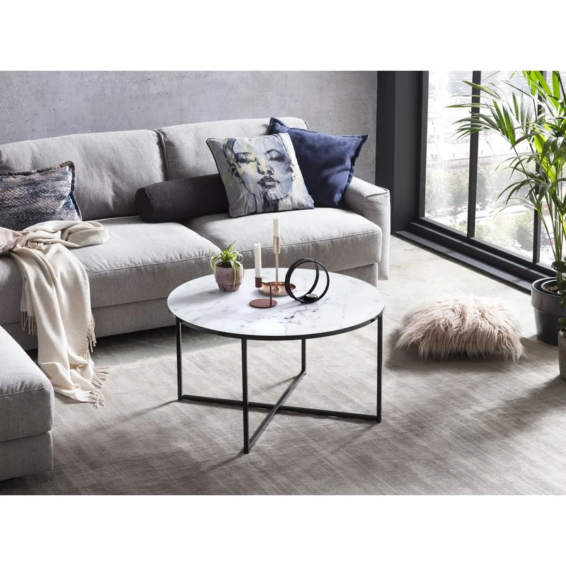 Runder Couchtisch aus Glas – Marmoroptik, Weiß/Schwarz, Ø 80 cm