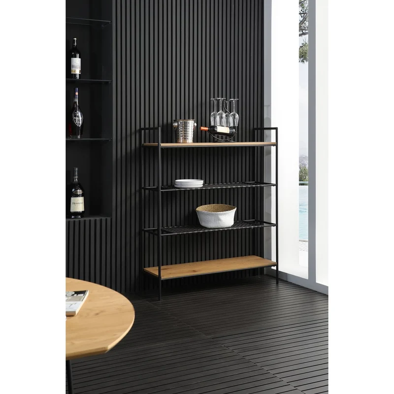 Bücherregal mit Polyrattanablagen – Natur/Schwarz, 110 cm
