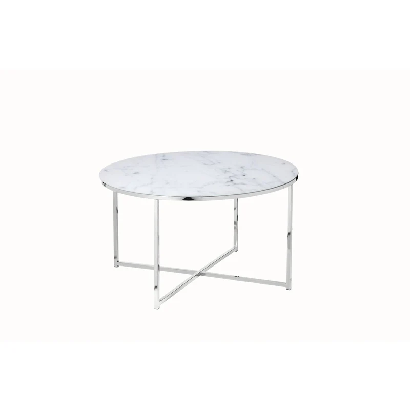 Runder Couchtisch aus Glas – Marmoroptik, Weiß/Chrom, Ø 80 cm