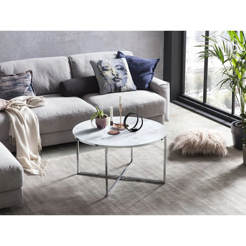 Runder Couchtisch aus Glas – Marmoroptik, Weiß/Chrom, Ø 80 cm