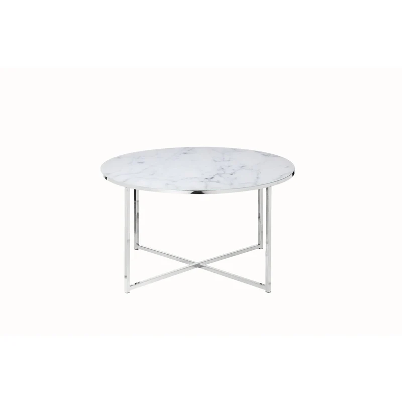 Runder Couchtisch aus Glas – Marmoroptik, Weiß/Chrom, Ø 80 cm