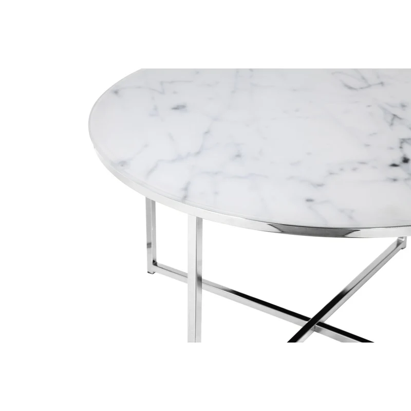 Runder Couchtisch aus Glas – Marmoroptik, Weiß/Chrom, Ø 80 cm