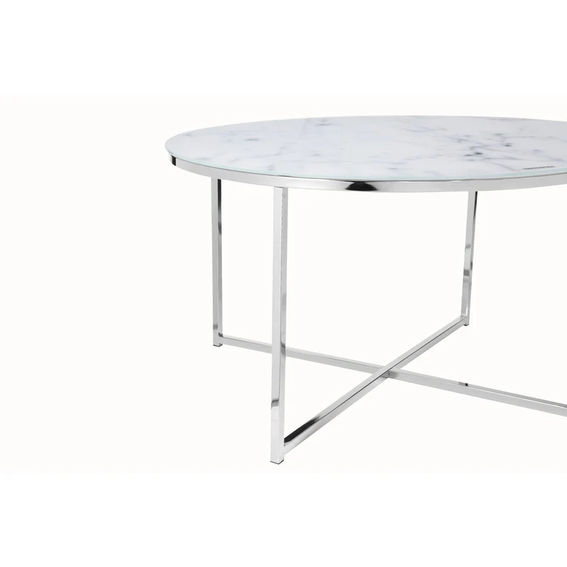 Runder Couchtisch aus Glas – Marmoroptik, Weiß/Chrom, Ø 80 cm