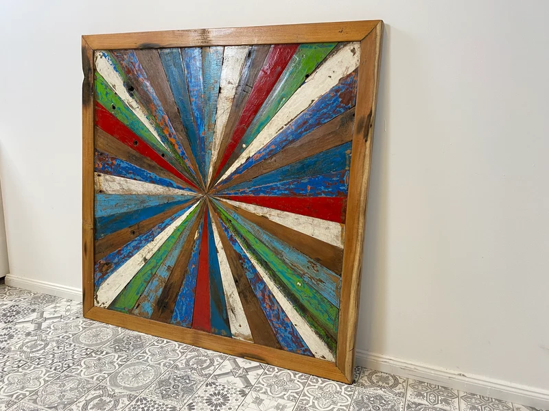 Boatwood by WMK # Großes buntes Wandbild aus altem Bootsholz, ein handgefertigtes Unikat aus massivem Teakholz in Originalfarben der Boote
