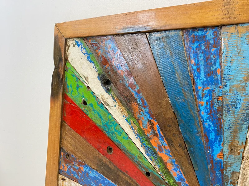 Boatwood by WMK # Großes buntes Wandbild aus altem Bootsholz, ein handgefertigtes Unikat aus massivem Teakholz in Originalfarben der Boote