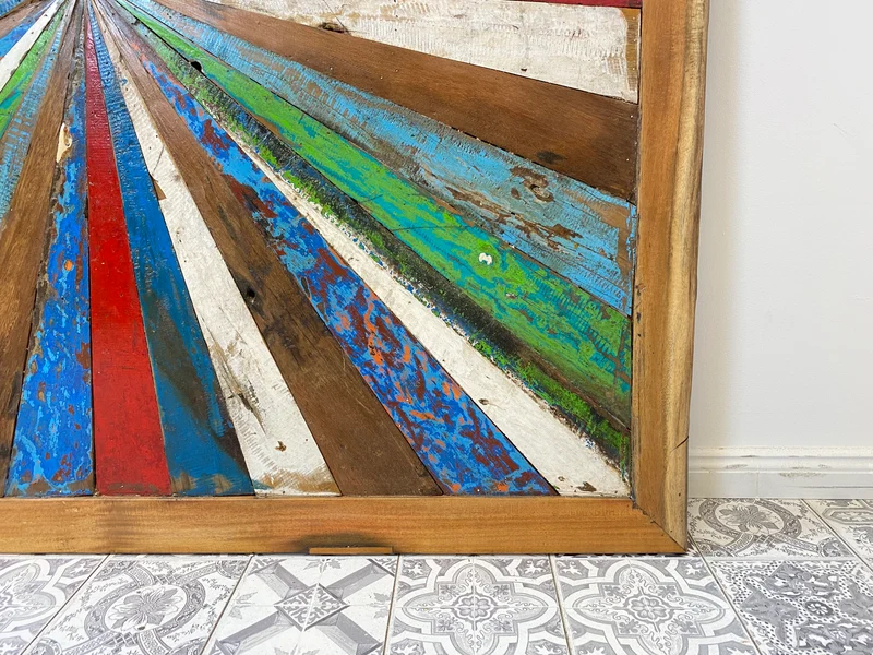 Boatwood by WMK # Großes buntes Wandbild aus altem Bootsholz, ein handgefertigtes Unikat aus massivem Teakholz in Originalfarben der Boote