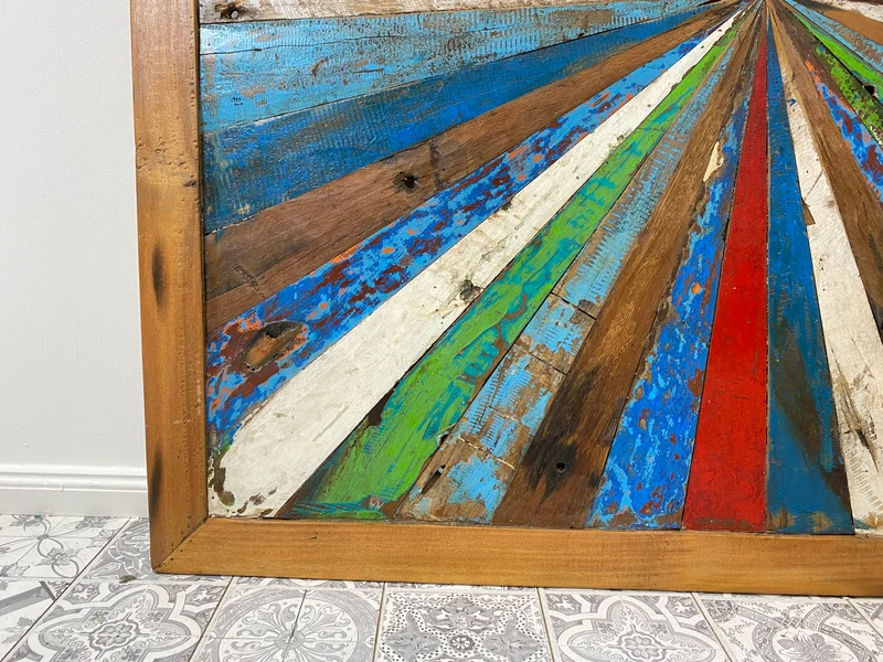 Boatwood by WMK # Großes buntes Wandbild aus altem Bootsholz, ein handgefertigtes Unikat aus massivem Teakholz in Originalfarben der Boote