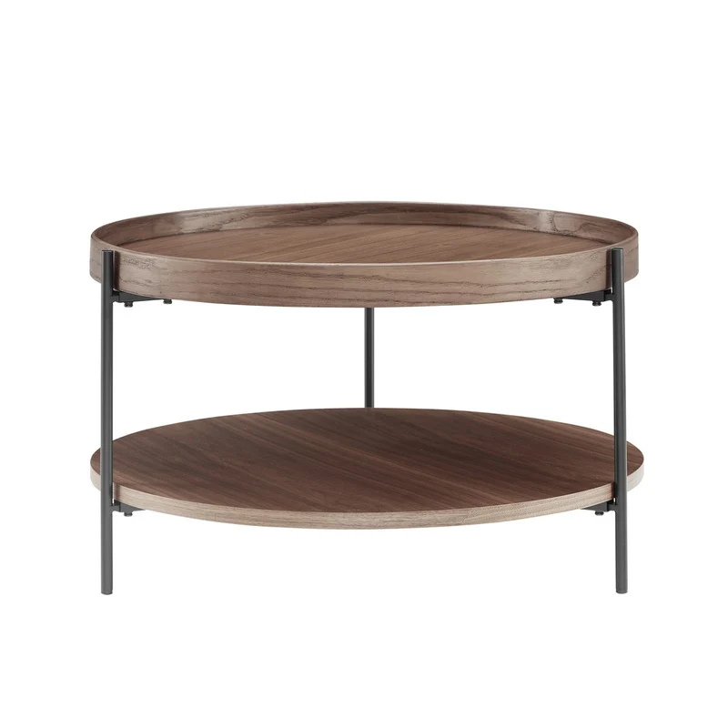 Couchtisch mit zwei Ablagen – Walnuss/Schwarz, Holzfurnier, Ø 69 cm