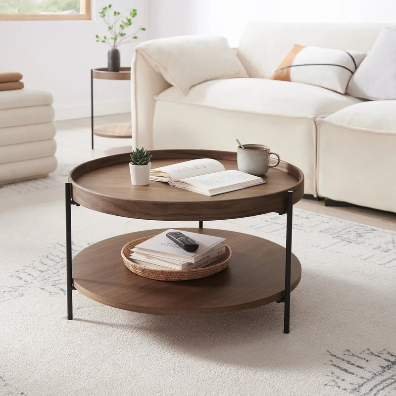 Couchtisch mit zwei Ablagen – Walnuss/Schwarz, Holzfurnier, Ø 69 cm
