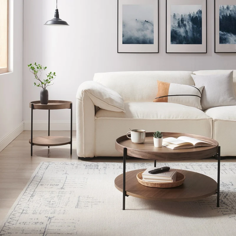 Couchtisch mit zwei Ablagen – Walnuss/Schwarz, Holzfurnier, Ø 69 cm