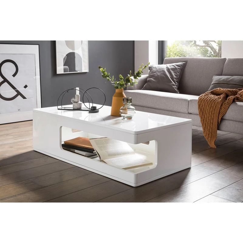 Couchtisch mit offenem Ablagefach – Weiß, Hochglanz, 120 × 60 cm