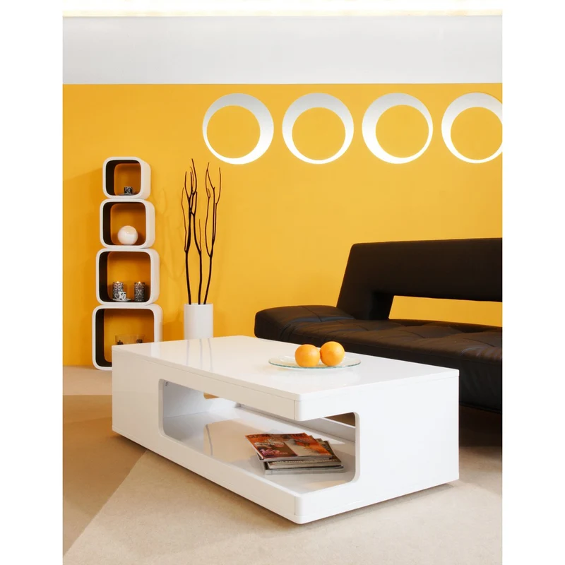 Couchtisch mit offenem Ablagefach – Weiß, Hochglanz, 120 × 60 cm