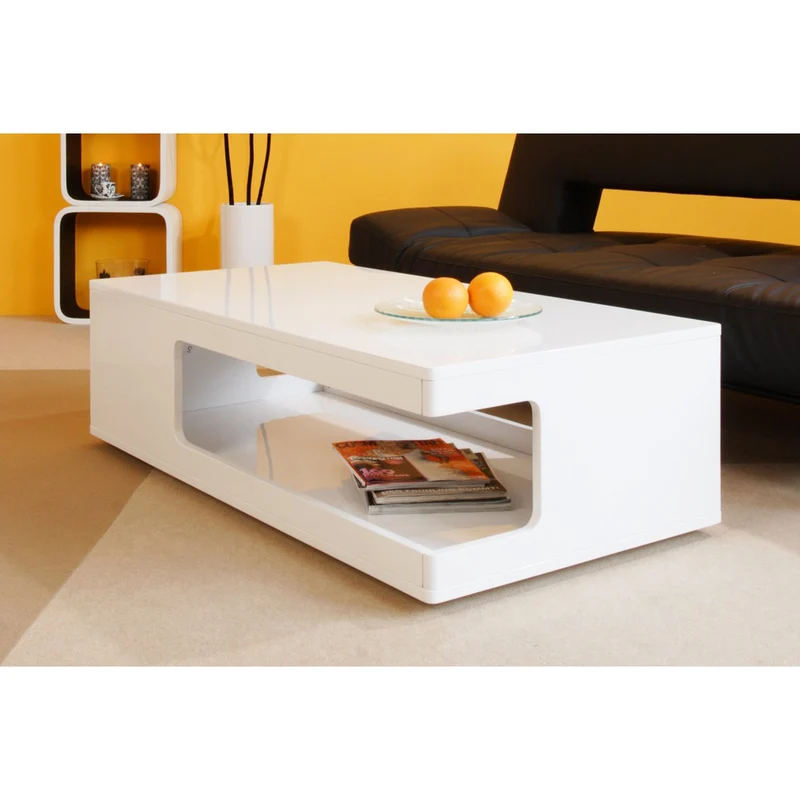 Couchtisch mit offenem Ablagefach – Weiß, Hochglanz, 120 × 60 cm