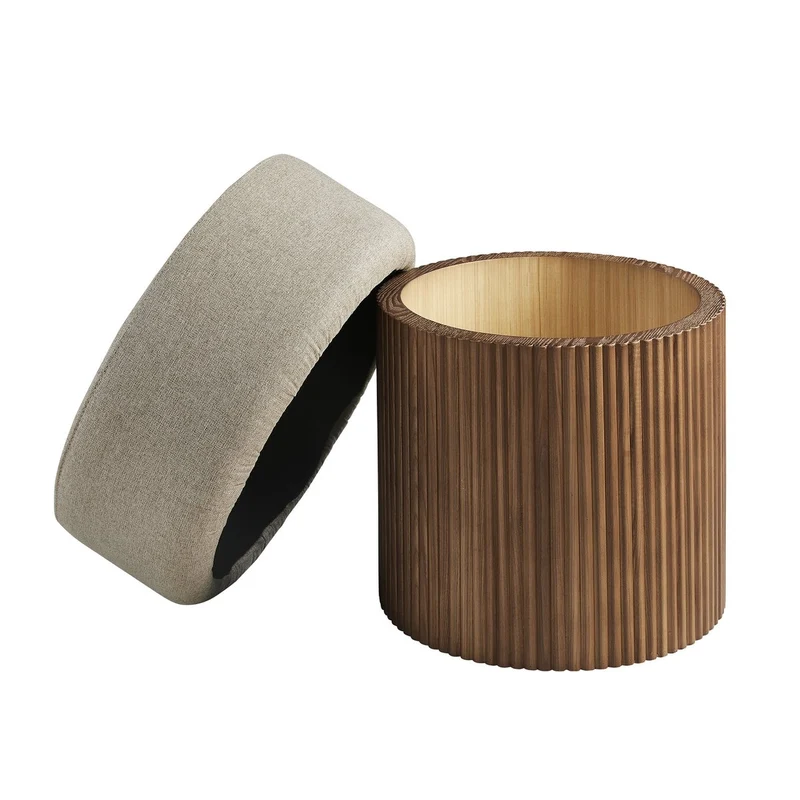 Sitzpouf mit Stauraum und Lamellenoptik – Walnuss/Braun, Ø 50 cm
