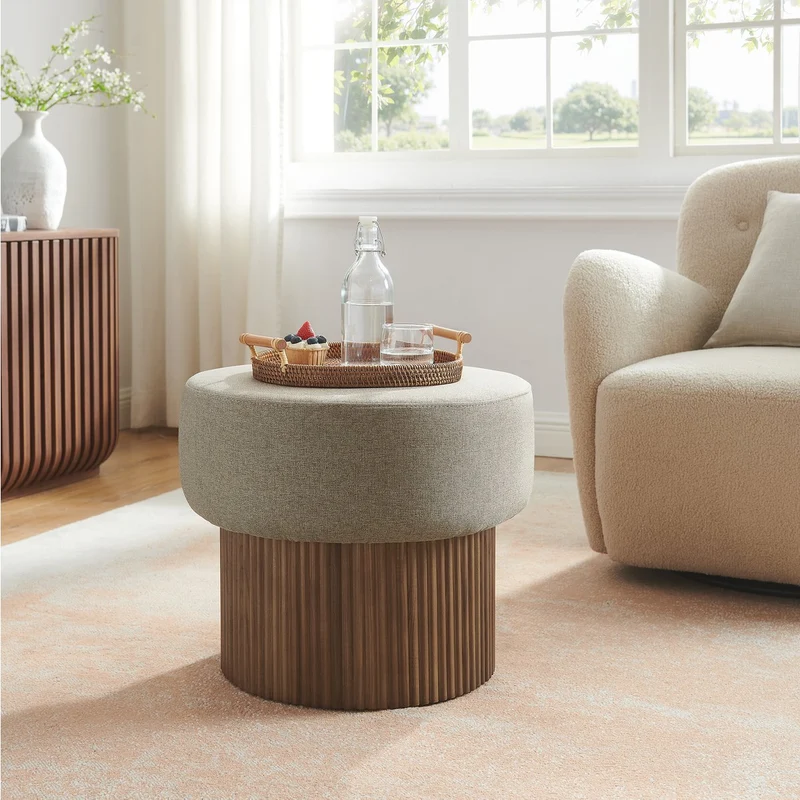 Sitzpouf mit Stauraum und Lamellenoptik – Walnuss/Braun, Ø 50 cm
