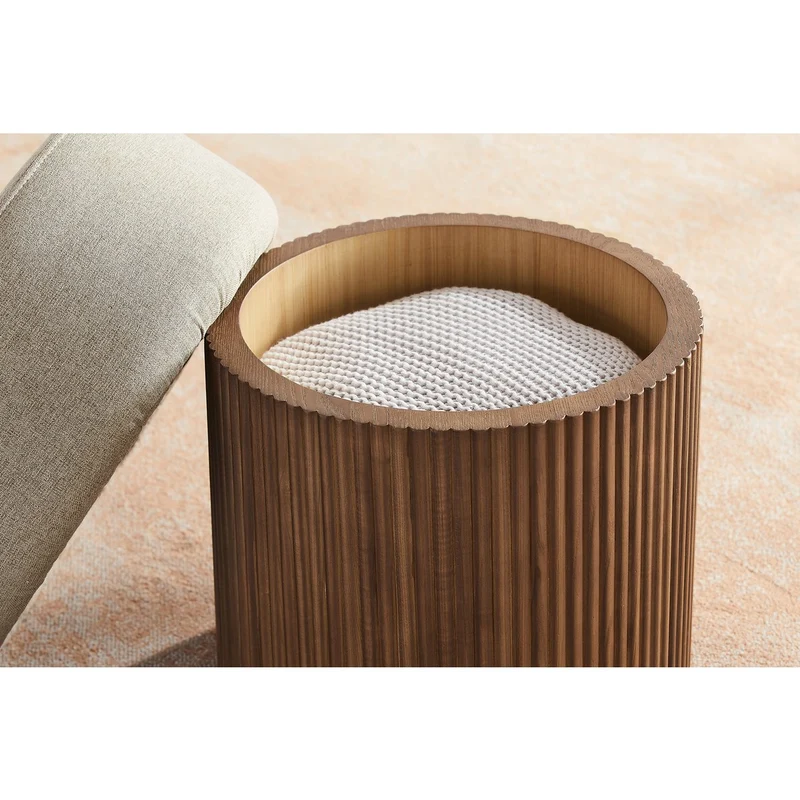 Sitzpouf mit Stauraum und Lamellenoptik – Walnuss/Braun, Ø 50 cm