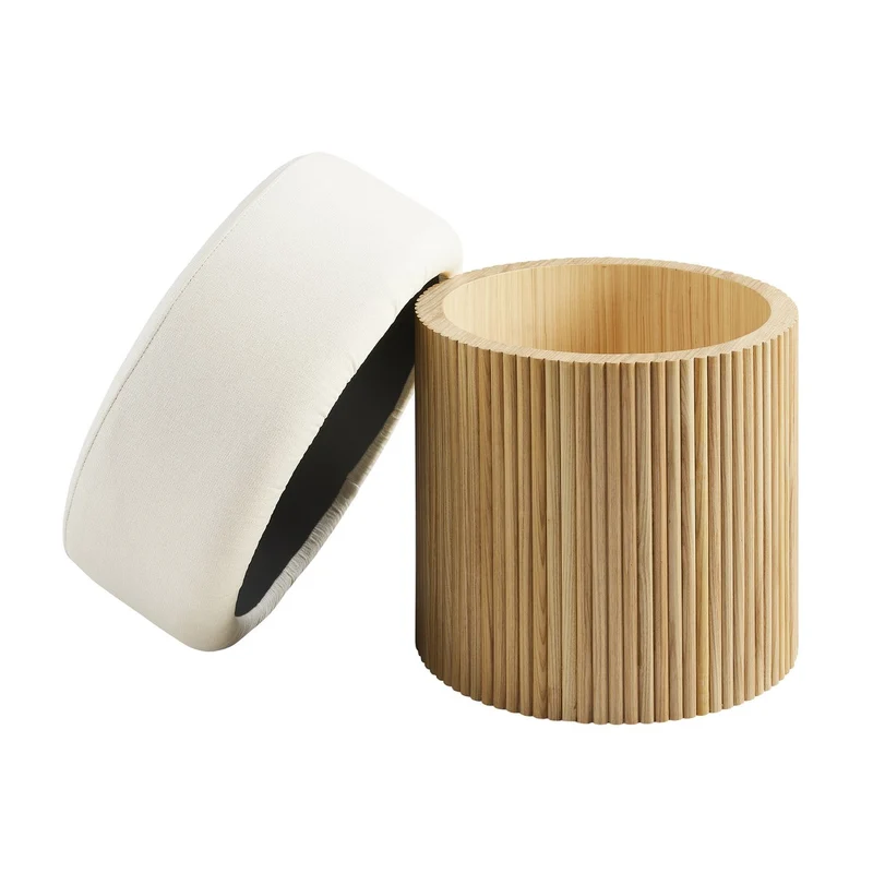 Sitzpouf mit Stauraum und Lamellenoptik – Natur/Weiß, Ø 50 cm