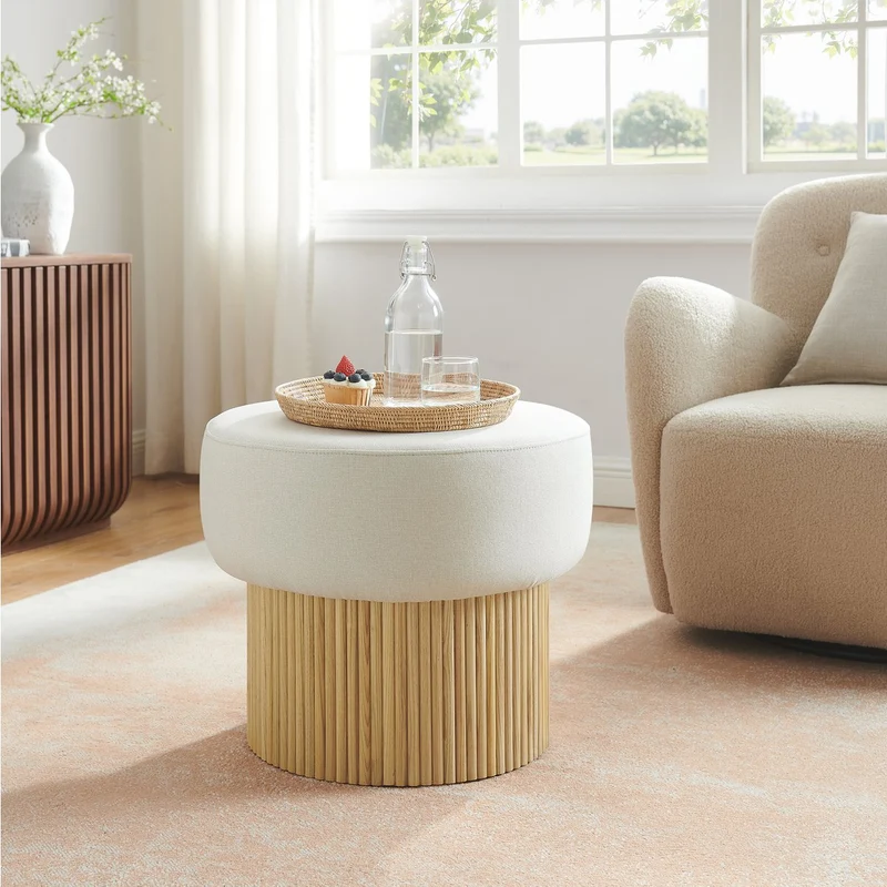 Sitzpouf mit Stauraum und Lamellenoptik – Natur/Weiß, Ø 50 cm