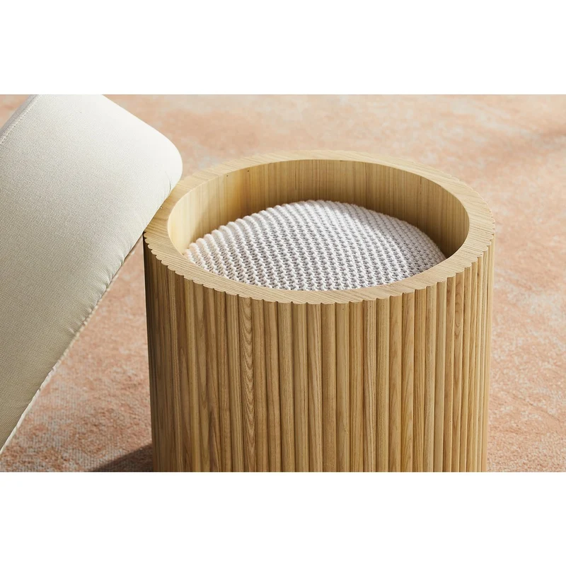 Sitzpouf mit Stauraum und Lamellenoptik – Natur/Weiß, Ø 50 cm