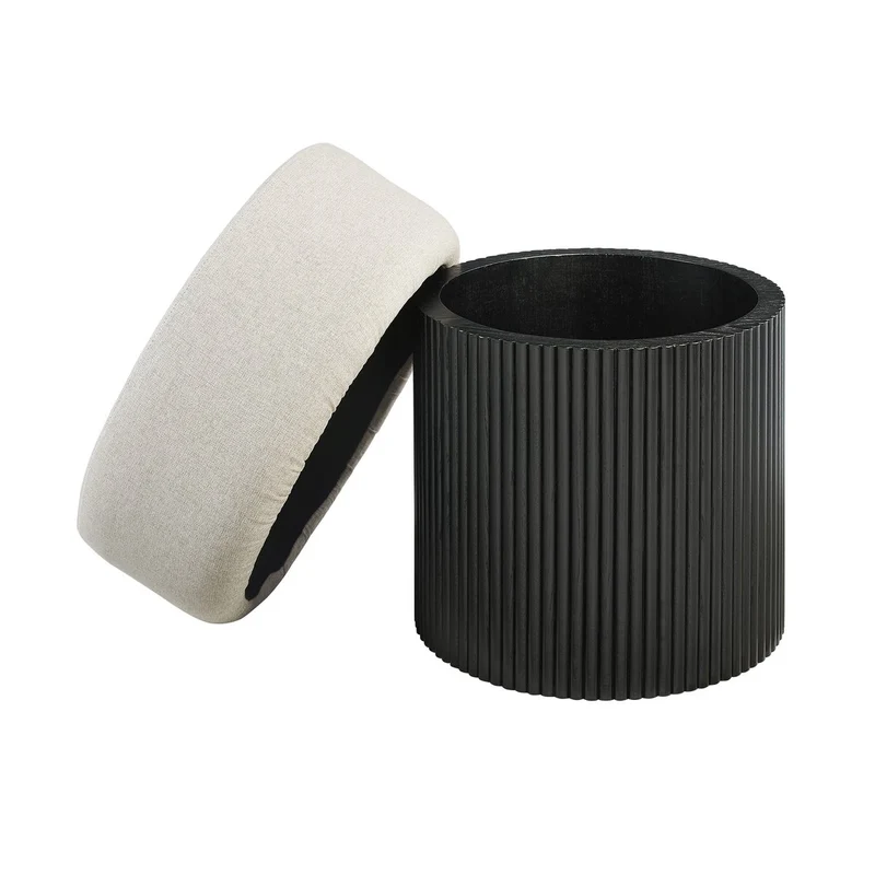 Sitzpouf mit Stauraum und Lamellenoptik – Schwarz/Grau, Ø 50 cm