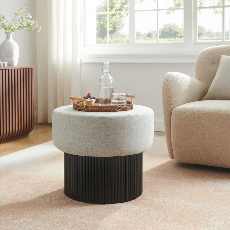 Sitzpouf mit Stauraum und Lamellenoptik – Schwarz/Grau, Ø 50 cm