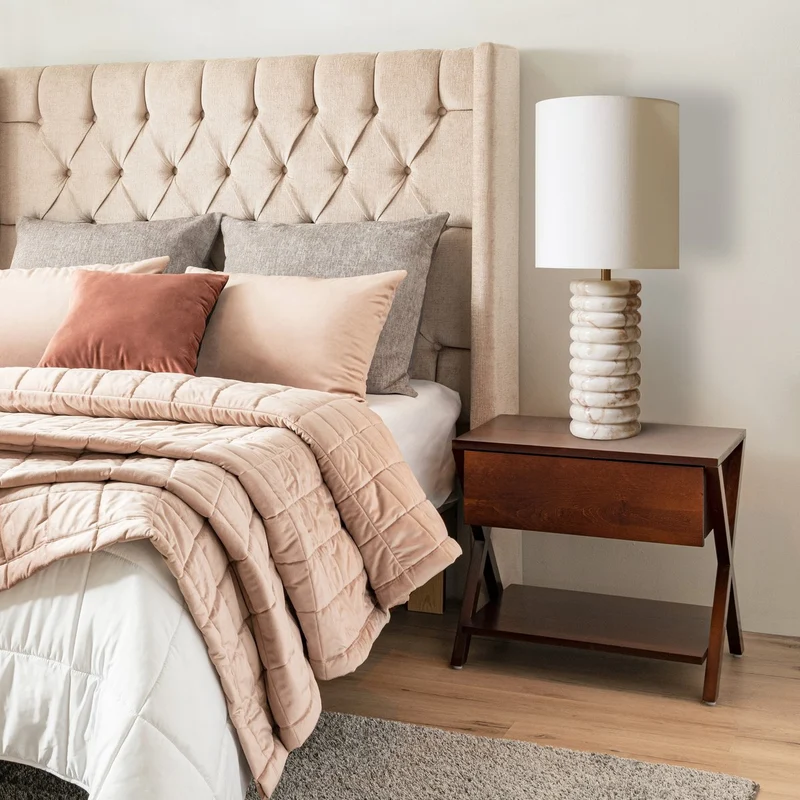 Tischleuchte mit Marmorfuß und Leinenschirm – Beige, 65 cm