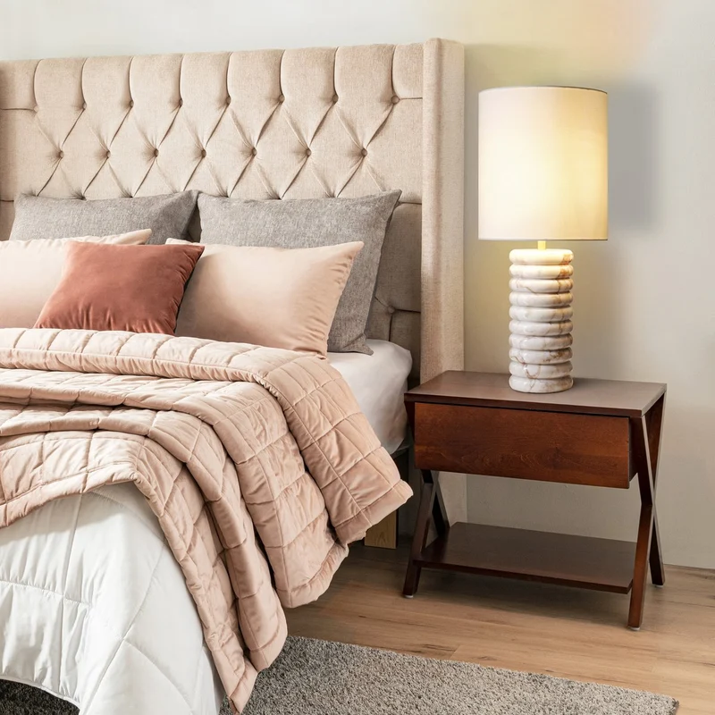 Tischleuchte mit Marmorfuß und Leinenschirm – Beige, 65 cm