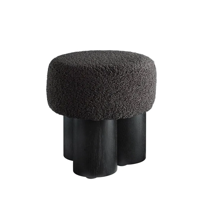 Sitzpouf mit Holzfurnier und Teddybezug – Schwarz/Grau, Ø 50 cm